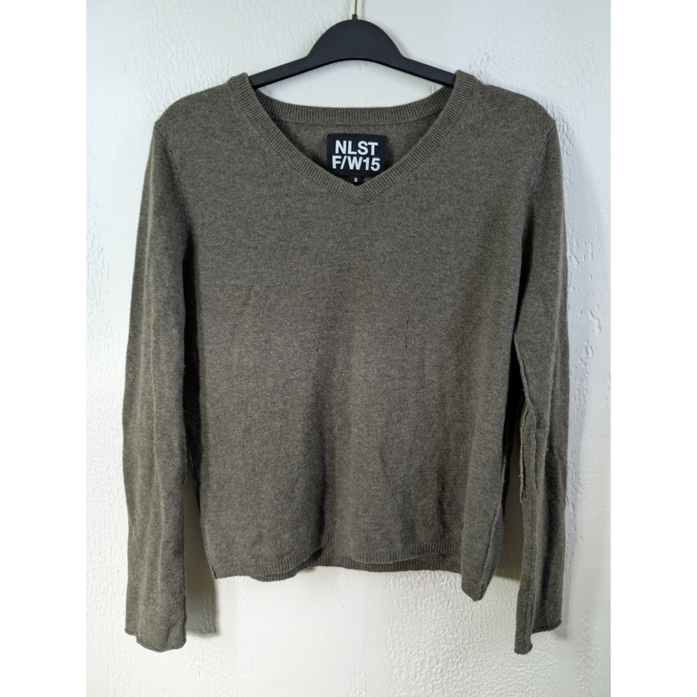NLST F/W15 Cashmere Sweater Women's Size S, V-Neck Green with Elbow Patches